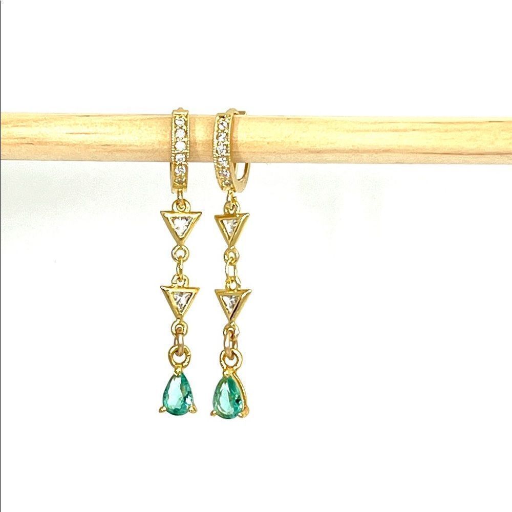 Huggie hoop gold earrings with long drop dangle green crystal gift for women